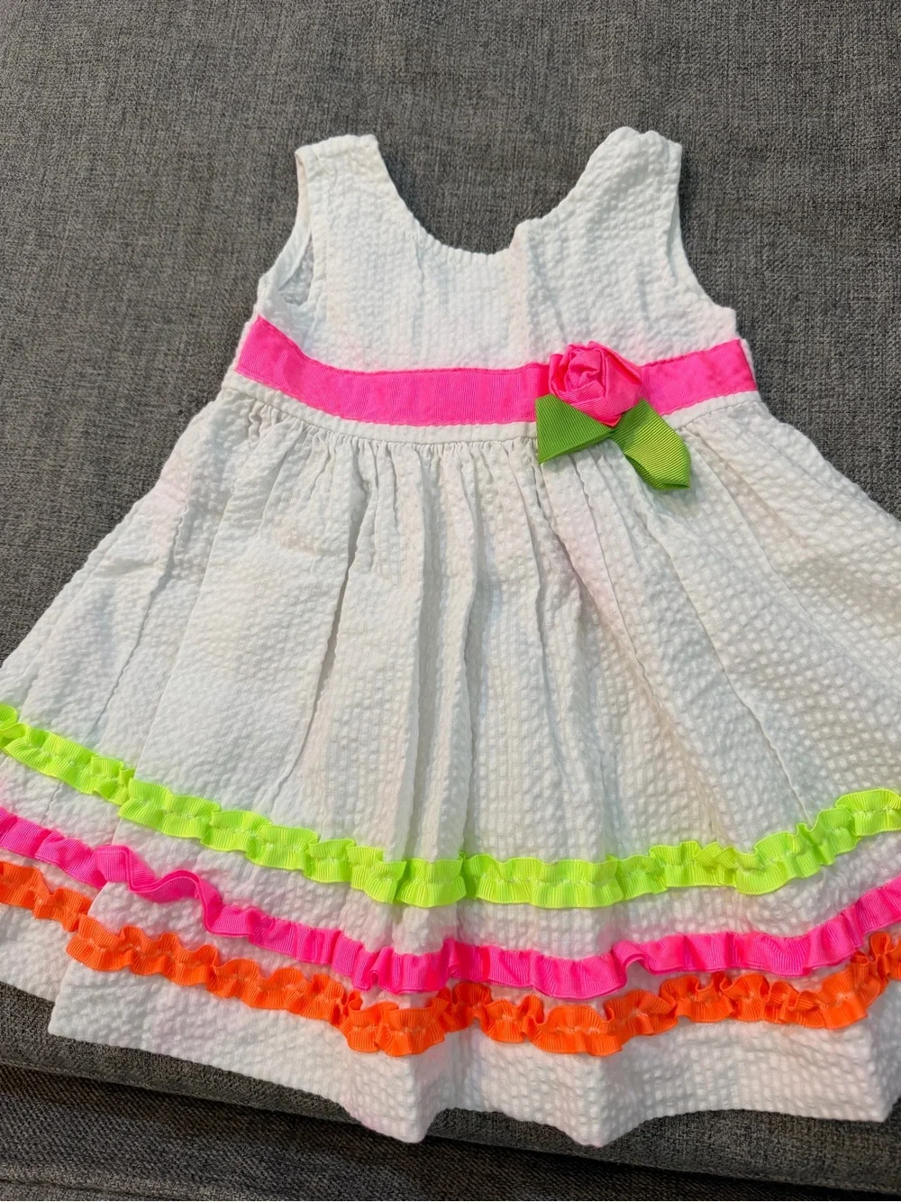BlueBeri Boulevard White Seersucker Dress Orange Lime Pink Neon Trim size 12m